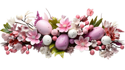 An Easter wreath decorated with Easter eggs and spring blossom flowers isolated on transparent