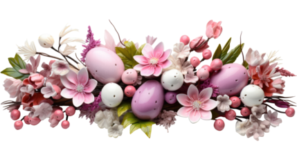 An Easter wreath decorated with Easter eggs and spring blossom flowers isolated on transparent