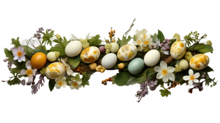 An Easter wreath decorated with Easter eggs and spring blossom flowers isolated on transparent