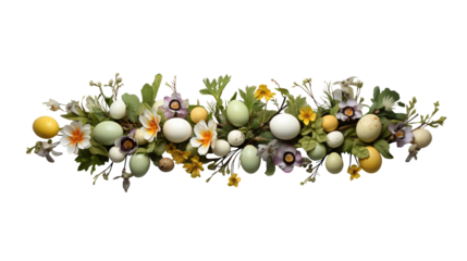 An Easter wreath decorated with Easter eggs and spring blossom flowers isolated on transparent