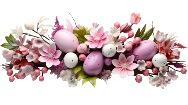 An Easter wreath decorated with Easter eggs and spring blossom flowers isolated on transparent