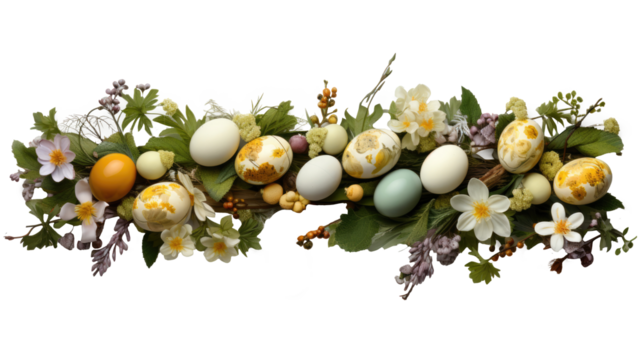 An Easter wreath decorated with Easter eggs and spring blossom flowers isolated on transparent - Powered by Adobe