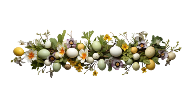 An Easter wreath decorated with Easter eggs and spring blossom flowers isolated on transparent