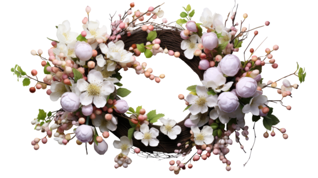 An Easter wreath decorated with Easter eggs and spring blossom flowers isolated on transparent