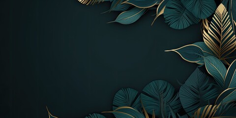 A background adorned with dark green tropical leaves and accented by golden line elements, creating...