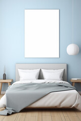 Fototapeta na wymiar Blank mockup poster on the blue sky bedroom wall of a house with minimalist and contemporary interior design with double bed with cushions and comfortable pale green blanket.