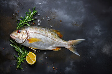 Raw dorado fish or sea bass with spices, with ice on a dark surface. Generative AI.