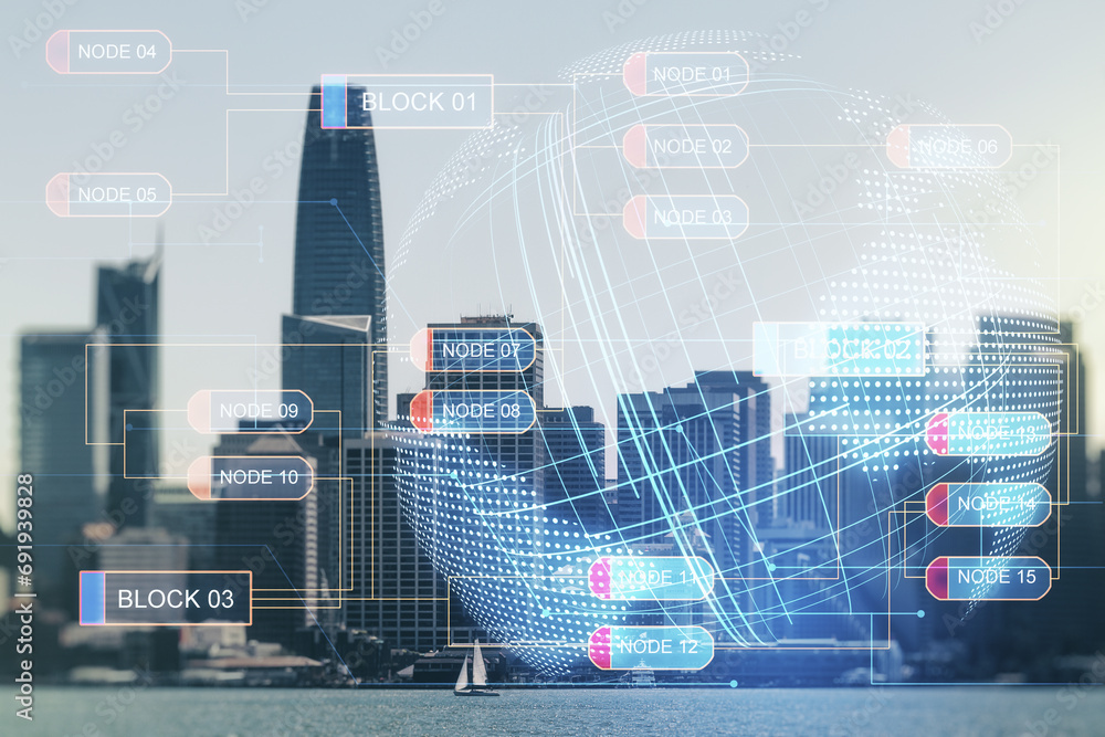 Poster multi exposure of abstract graphic coding sketch and world map on san francisco cityscape background