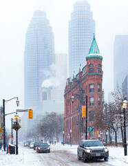 Toronto Front Street during winter snow storm 