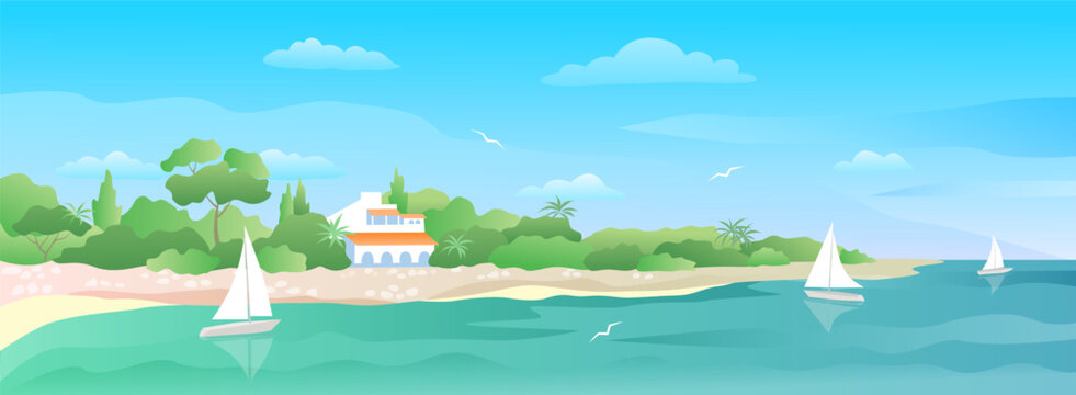 Summer seascape. Bay with cottage, beach and yachts.  Vector color illustration 
