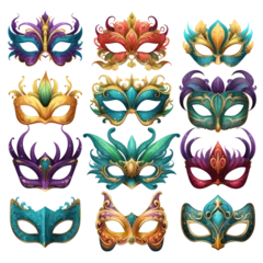 Selbstklebende Fototapeten Collection of painted carnival facial masks for a party decorated with feathers and rhinestones isolated on a transparent background © YauheniyaA