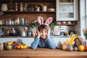 A portrait of young boy wearing plush bunny ears, playfully covering his eyes with vibrant, multicolored Easter eggs. - obrazy, fototapety, plakaty