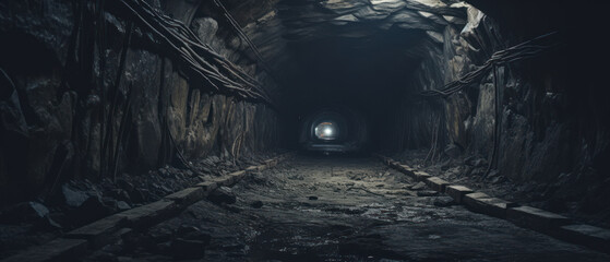 Eerie underground tunnel with abandoned train track. - Powered by Adobe