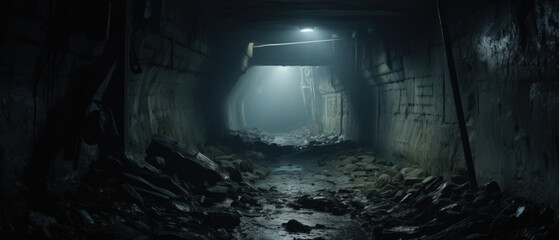 Eerie underground tunnel with abandoned train track. - obrazy, fototapety, plakaty