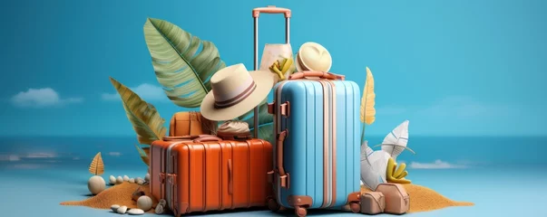 Foto op Aluminium A suitcase accompanied by travel accessories set against a blue background. © Andrey