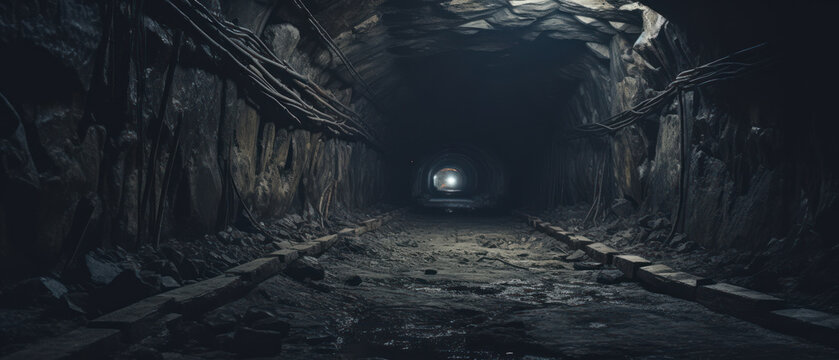 Fototapeta Eerie underground tunnel with abandoned train track.