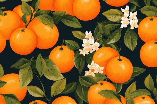 Oranges background with leaves and flowers.