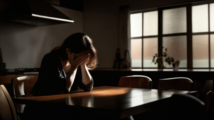 家のリビングで泣いている主婦