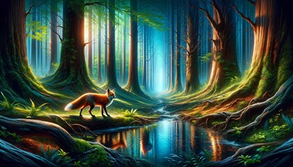 Magical Forest Outlook with a Fox by the Calm Watercourse: Play of Colors and Quiet Moments in...