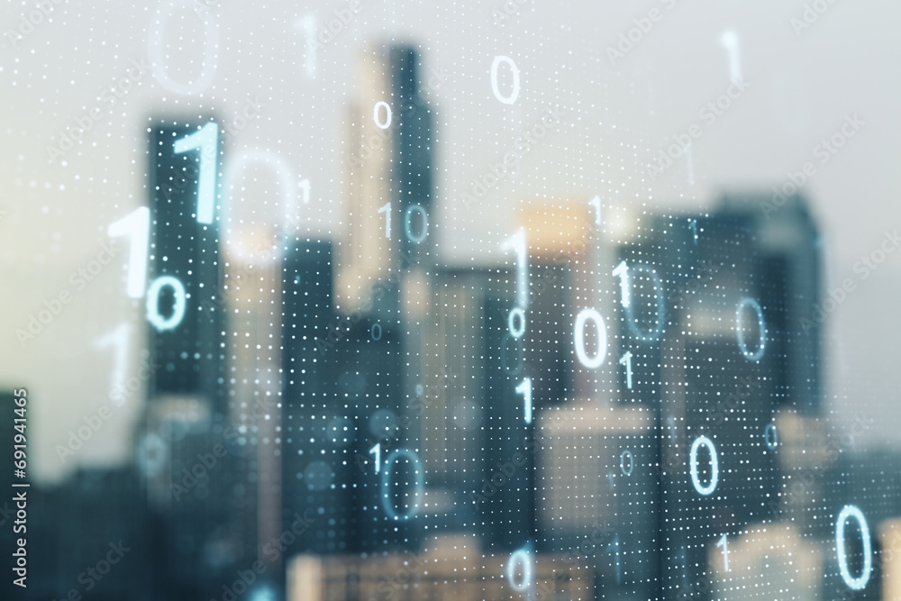 Leinwandbilder abstract virtual binary code sketch on blurry office buildings background, hacking and matrix concep