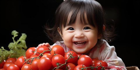 Fototapeta na wymiar Kleines süßes Kinder Gesicht lacht mit vielen frischen Tomaten Nahaufnahme für Produktfotografie im Querformat für Banner, ai generativ 
