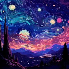 Fotobehang Hand drawn beautiful night sky landscape illustration background  © 俊后生