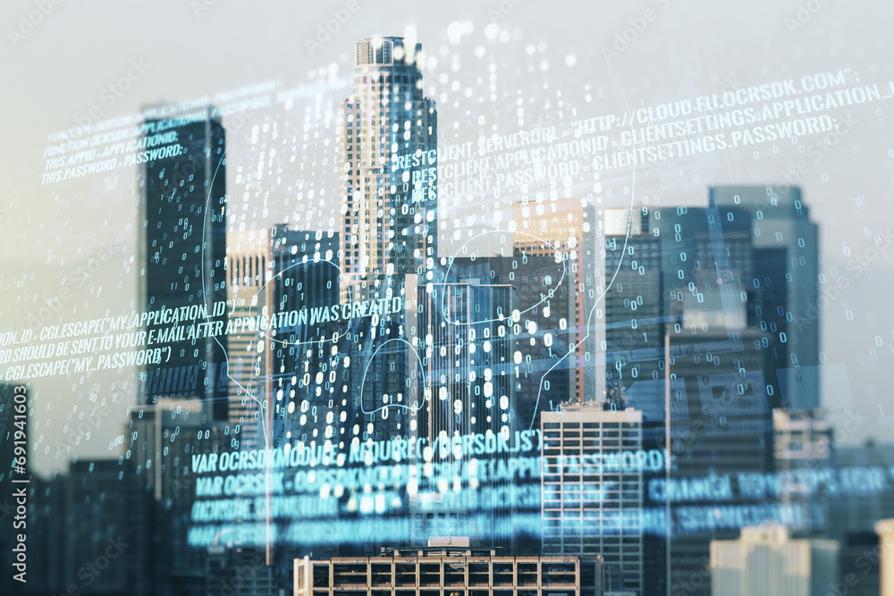 Poster double exposure of abstract virtual creative code skull hologram on los angeles city skyscrapers bac