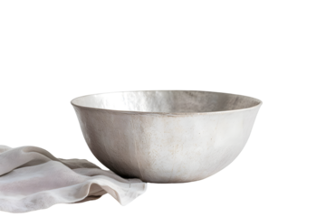 vintage silver bowl with lots of texture, perfectly imperfect for wabi-sabi related flatlays or moodboards isolated on white background. Generative AI.