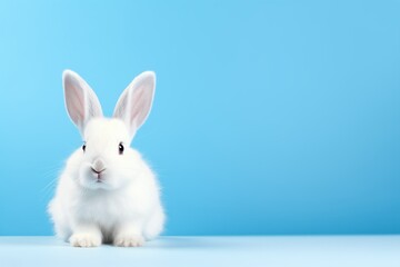 Obraz premium Adorable White Rabbit on Pink Background with Copy Space for Easter Concept