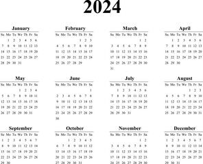Calendar 2024 vector template layout vector image. 2024 Yearly English calendar. New year wall planner design. A4, A3 A5 or letter format. Week starts on Sunday.