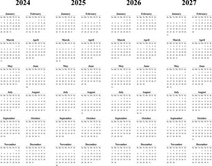 Calendar 2024 vector template layout vector image. 2024 Yearly English calendar. New year wall planner design. A4, A3 A5 or letter format. Week starts on Sunday.
