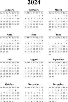 Calendar 2024 vector template layout vector image. 2024 Yearly English calendar. New year wall planner design. A4, A3 A5 or letter format. Week starts on Sunday.