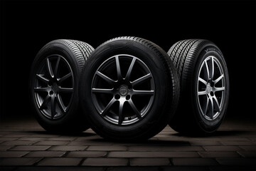Car tires on a black background. 3d illustration. Elements for design.