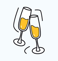 Wedding element of colorful sticker set. This wedding-themed illustration, adorned in a colorful and detailed design, featuring beautifully outlined champagne glasses. Vector illustration.