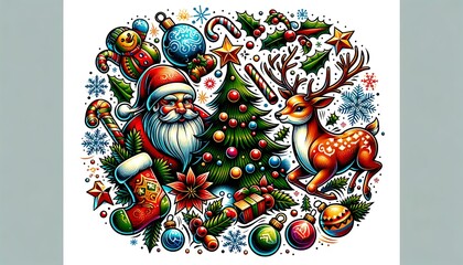 a vibrant and colorful tattoo design featuring classic Christmas elements like Santa Claus, reindeer, Christmas trees, and snowflakes, set against a w