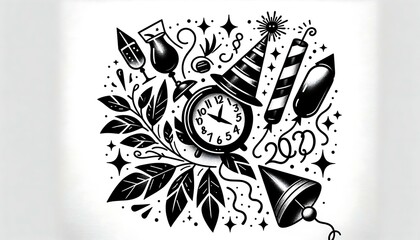 a minimalist black and white tattoo design with New Year elements like a clock striking midnight, party hats, and streamers, set against a white backg