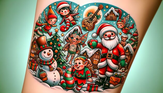 a whimsical cartoon style tattoo design with Christmas characters like Santa Claus, elves, and a snowman in a fun, playful setting