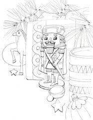 Christmas coloring pages. Nutcracker.Traditional new year celebration accessories on white background