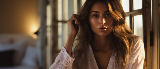 Captivating presence of a woman in soft light.