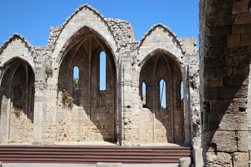 Ruins of the choir of the gothic church of the Virgin of the Burgh in the medieval city of Rhodes, Island of Rhodes, Greece