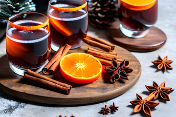 Winter mulled wine with orange and cinnamon on a rustic wooden board, Generative AI