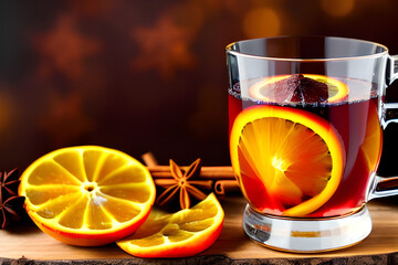 Winter mulled wine with orange and cinnamon on a rustic wooden board, Generative AI