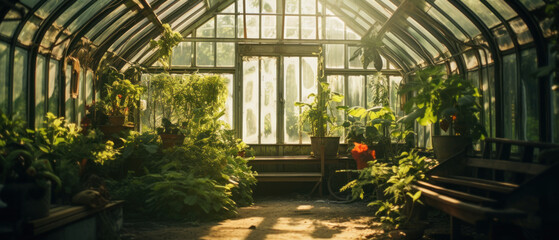 Serene greenhouse filled with lush greenery and vibrant flora.