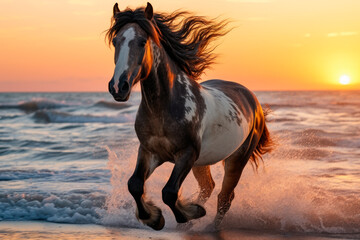 Beautiful wild horse riding on hind legs on ocean beach at sunset. Running horse on water.