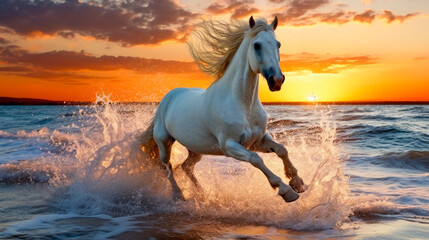 Obraz na płótnie Canvas Beautiful wild white horse riding on hind legs on ocean beach at sunset.