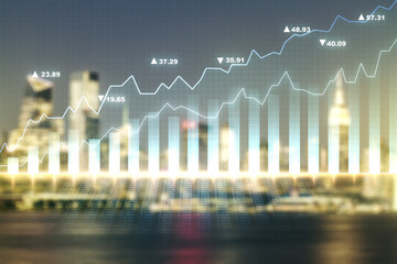 Double exposure of virtual creative financial diagram on blurry office buildings background,...