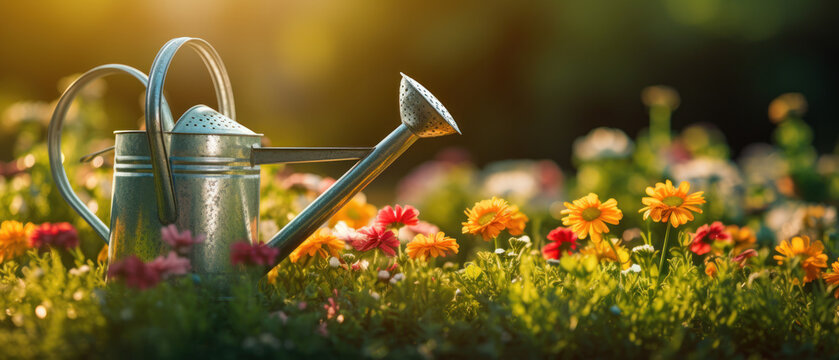 Charming watering can in a vibrant garden.