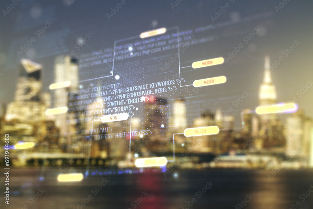 Aufkleber abstract virtual coding illustration on blurry skyscrapers background, software development concept.