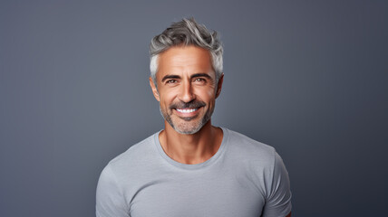 middle aged man with beautiful smile on grey background. - Teeth whitening.