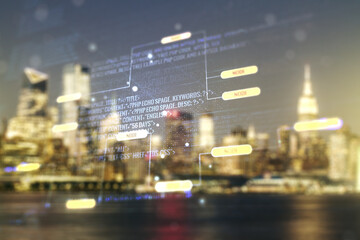 Abstract virtual coding illustration on blurry skyscrapers background, software development concept. Multiexposure